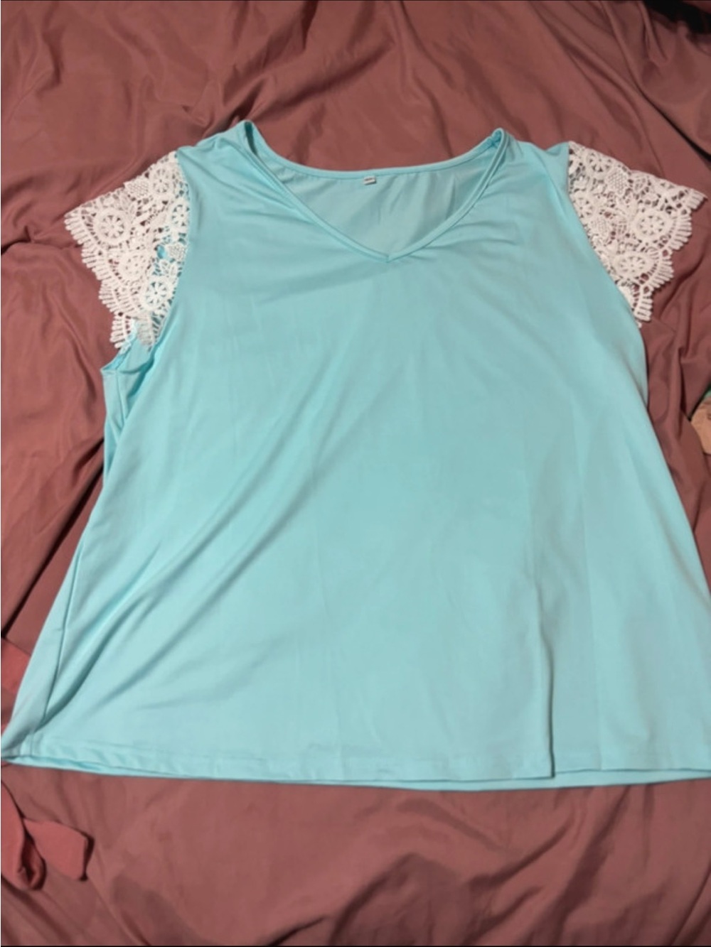 Women's Light Blue V-Neck Tee with White Crochet Cap Sleeves